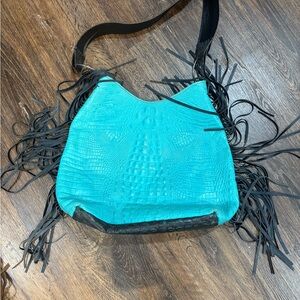Fringed Black and Teal Croc-Embossed Women's Bag